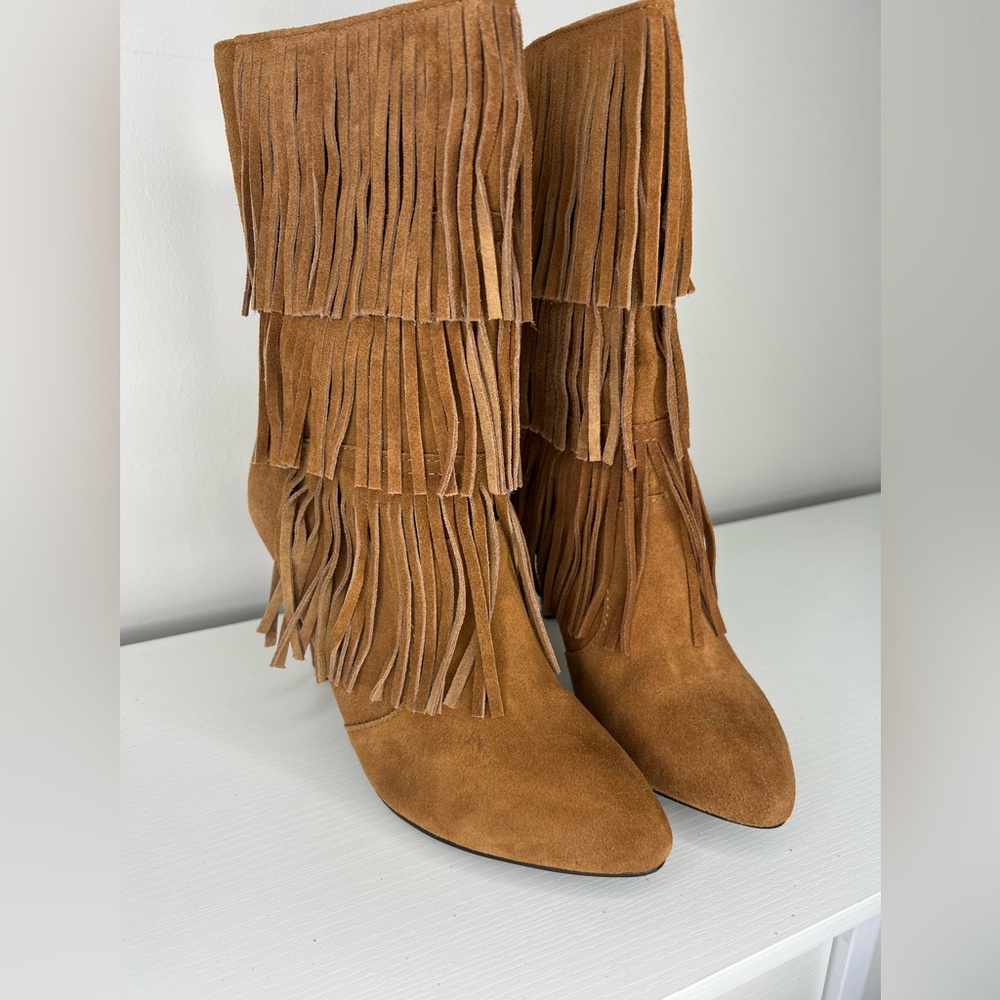 NEW Catherine Malandrino suede leather fringe heeled stiletto boots/festival. - Picture 8 of 14